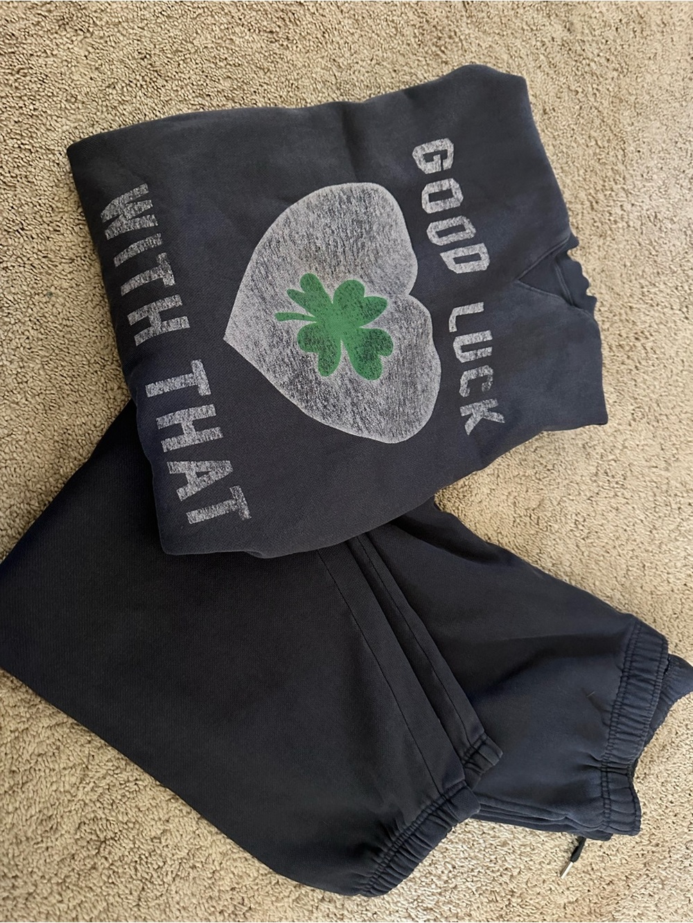 PINK Victoria's Secret Gray Sweatshirt & Jogger Set with Green Accent
